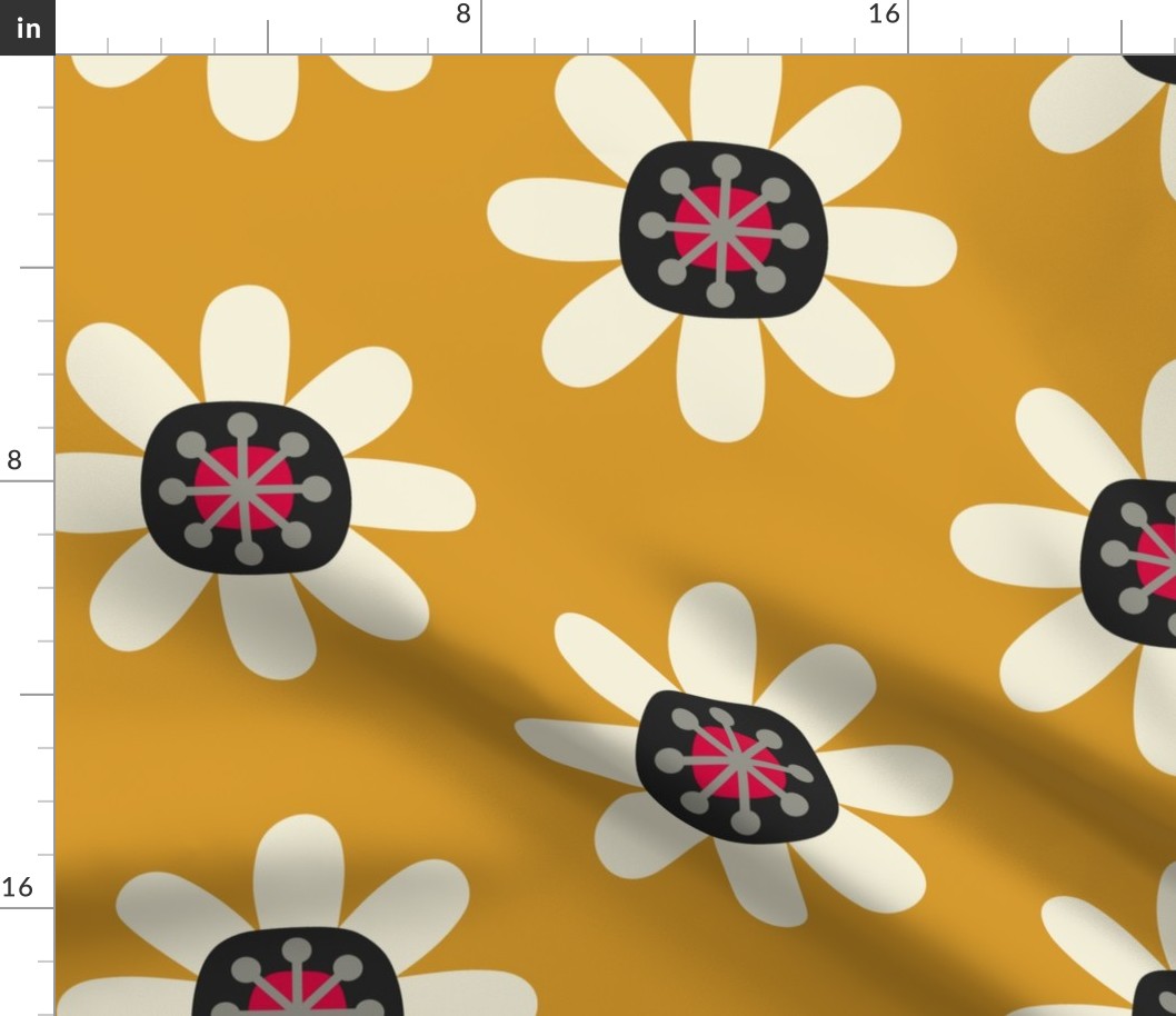 Atomic Blossoms // x-large print // Pearl White Retro Flowers on Golden Marquee
