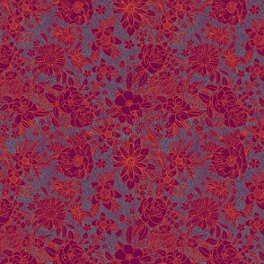 Floral line art repeating pattern colour variations orange purple teal