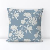Large - Subtle creamy Magnolia Blossoms in a diagonal flow on a Steel blue background