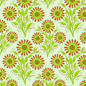 2755 lime green and orange flowers on pale background