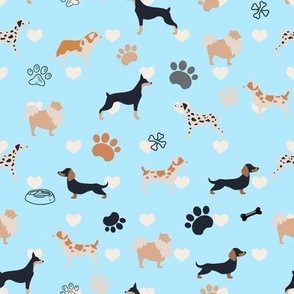 Pets dogs blue_  cute dogs cartoon paws and bowls bones and hearts on baby blue