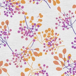 abstract rowan twigs with pink fruits and yellow branches and leaves on off-white linen - medium scale