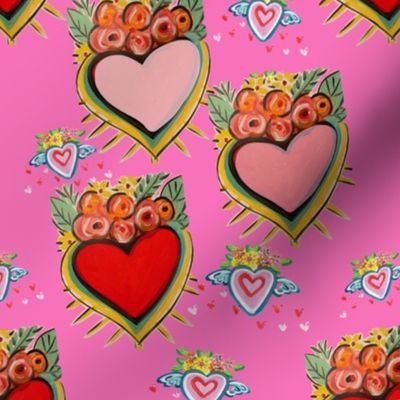 Valentine Hearts in Pink with Flowers and baby hearts