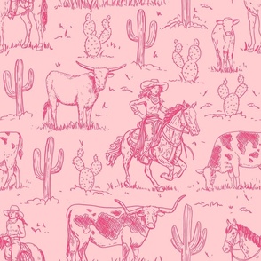 vintage western cowgirl toile western toile hot pink on light pink WB23 large scale