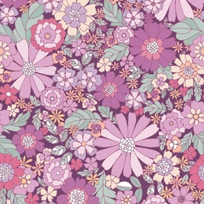 Spring Garden retro Flowers - dark purple, raspberry, and mint green 70's print
