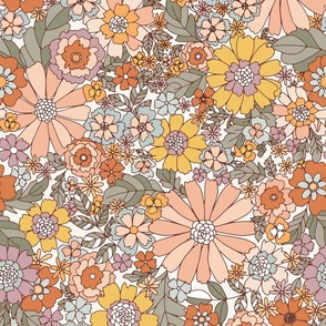 Spring Garden retro Flowers -earthy tones, brown green and yellow 70's print