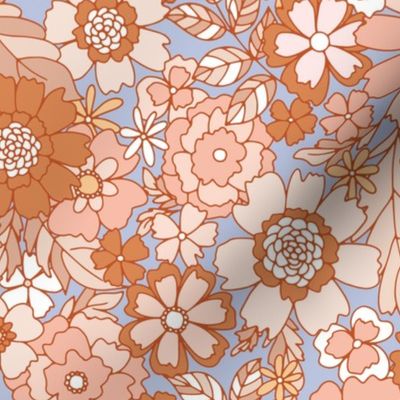 Spring Garden retro Flowers -pale blue, sand, pink and terracotta 70's print 