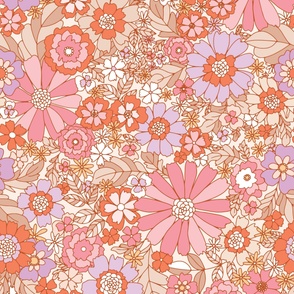Spring Garden retro Flowers -pink, orange, sane, tan, pale purple 70's print 