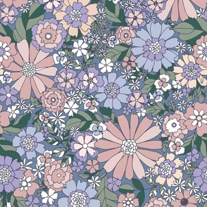 Spring Garden retro Flowers -dusty pink, green, dark green, blue, purple 70's print