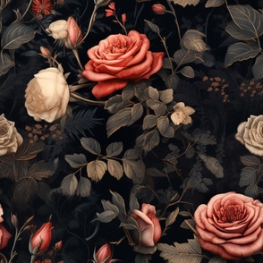 Romantic Summer Vintage Maximalism: Dark Floral Elegance, Aged Roses, Gothic Nostalgia, Antique Botanical Print, Victorian Mystique Atmosphere