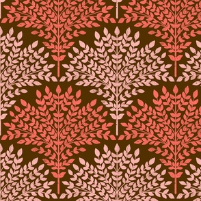 Tangerine and Coral Garden on brown background - Block Print Tree Scallop Pattern