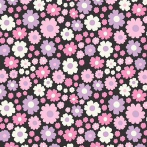  GROOVY RETRO FLOWERS 70S 60S STYLE PINK LILAC ON BLACK
