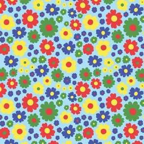  GROOVY RETRO FLOWERS 70S 60S STYLE PRIMARY COLORS BLUE