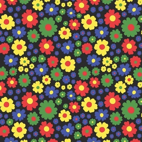  GROOVY RETRO FLOWERS 70S 60S STYLE PRIMARY COLORS BLACK