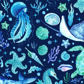 Under the Sea Ocean Animals Dark Blue - LARGE