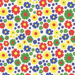  GROOVY RETRO FLOWERS 70S 60S STYLE PRIMARY COLORS WHITE