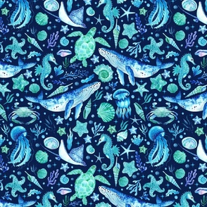 Under the Sea Ocean Animals Dark Blue - SMALL