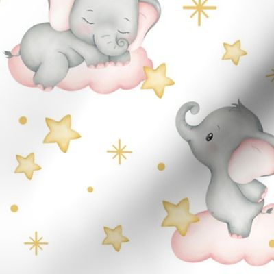 Safari Animals Pink Elephant Clouds Stars Baby Girl Nursery 