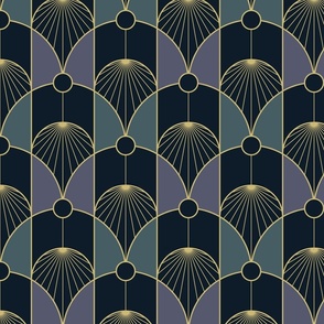 Gilded Scalloped Art Deco Abstract in Midnight Blue, Muted Teal, and Lilac