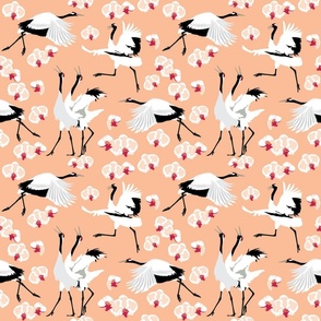 Japanese Cranes Dancing with Pantone Peach Fuzz color and black