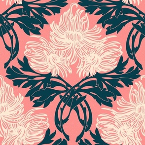 Art Nouveau Floral Botanical on Peach Pink Background