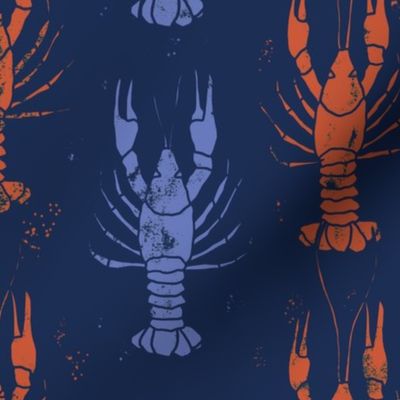 Crawfish in the sea block print in periwinkle blue and red on navy - large scale