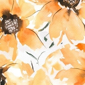 large - Loose Orange Watercolor Hand-Painted Sunflowers And Wildgrasses