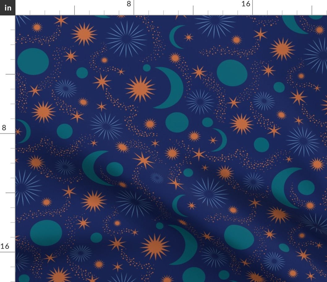 celestial moon and star night sky fabric - dark navy blue and teal