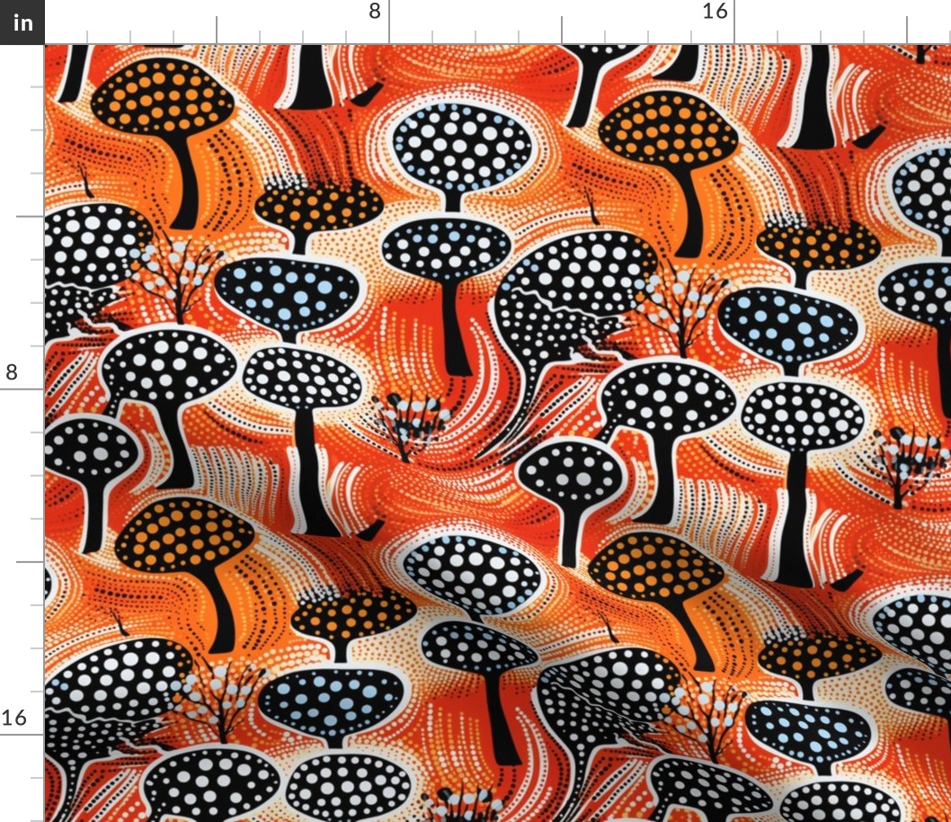 Enchanted Fungi - Aboriginal Dot Art Mushroom Fabric