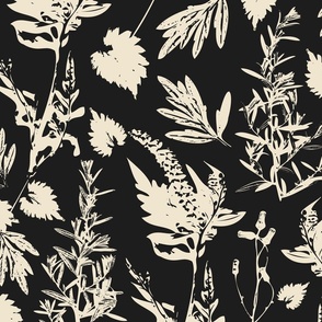 Large scale traditional botanical print with flowers, plants, leaves and wild rosemary in black and beige.