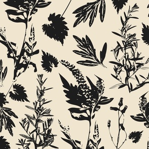Large scale traditional botanical print with flowers, plants, leaves and wild rosemary in beige and black.