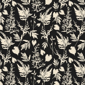 Medium scale traditional botanical print with flowers, plants, leaves and wild rosemary in black and beige. 
