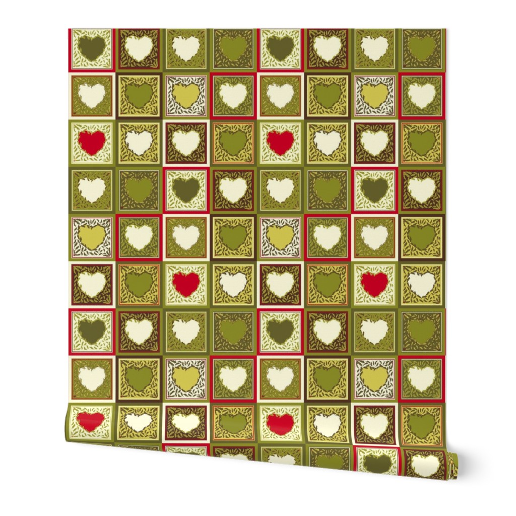 Antique Holly Hearts -  Mini Quilt