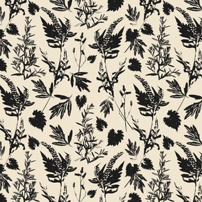 Medium scale traditional botanical print with flowers, plants, leaves and wild rosemary in beige and black.