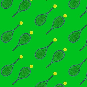 Tennis balls & rackets diagonal on green
