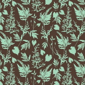 Medium scale traditional botanical print with flowers, plants, leaves and wild rosemary in mint green  and brown.