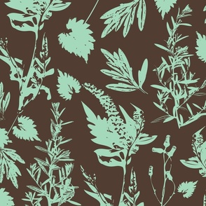 Large scale traditional botanical print with flowers, plants, leaves and wild rosemary in mint green and brown.