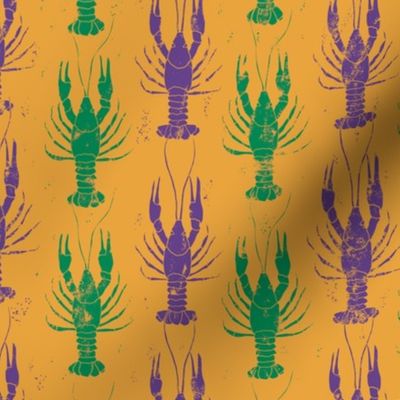 Crawfish block print in purple and green on gold - small