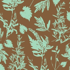 Large scale traditional botanical print with flowers, plants, leaves and wild rosemary in mint green and medium brown.