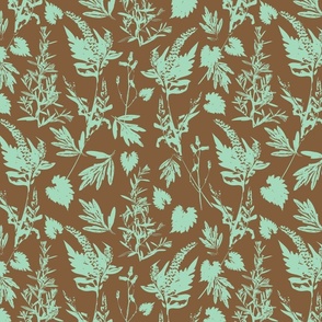 Medium scale traditional botanical print with flowers, plants, leaves and wild rosemary in mint green and medium brown.