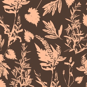 Large scale traditional botanical print with flowers, plants, leaves and wild rosemary in peach and dark brown.