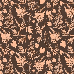 Medium scale traditional botanical print with flowers, plants, leaves and wild rosemary in peach and dark brown.