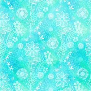 Whimsical Watercolor Wildflowers on Turquoise - Negative Painting Technique
