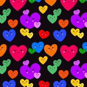 Kawaii Hearts, Rainbow Hearts on Black, Valentines Day, Valentine Fabric, Valentine, Love, Love Hearts, Heart, Heart Fabric, Kawaii Fabric, Cute Valentine, Kids Valentine