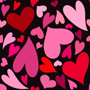 Red and Pink Love Hearts on Black, Valentines Day, Valentine Fabric, Valentines, Valentine, Love, Love Hearts, Heart, Heart Fabric, Tossed