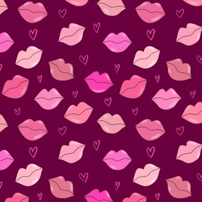 Lips and Hearts-pink on wine, Lips and Hearts, Lips Fabric, Kisses, Kiss, Love, Hearts, Valentines, Valentines Fabric, Valentine, Beauty, Girls