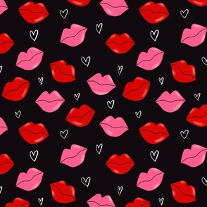 Lips and Hearts-red and pink on black, Lips and Hearts, Lips Fabric, Kisses, Kiss, Love, Hearts, Valentines, Valentines Fabric, Valentine, Beauty, Girls