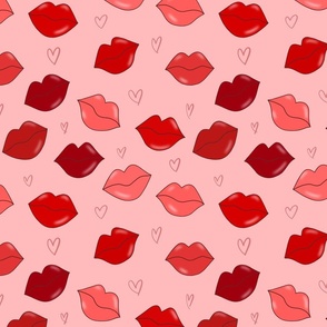 Lips and Hearts-red on peach, Lips and Hearts, Lips Fabric, Kisses, Kiss, Love, Hearts, Valentines, Valentines Fabric, Valentine, Beauty, Girls