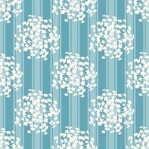 Smaller Scale Lace Flower Bursts Natural Ivory with Baby Blue Stripes on Boho Blue