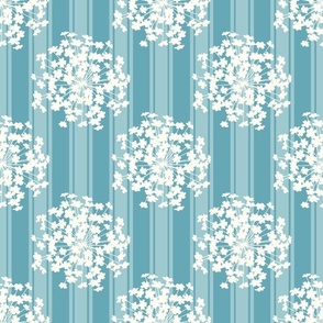 Bigger Scale Lace Flower Bursts Natural Ivory with Baby Blue Stripes on Boho Blue